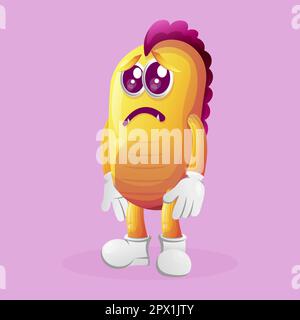 Süßes gelbes Monster mit traurigem Ausdruck. Perfekt für Kinder, kleine Unternehmen oder E-Commerce, Merchandise und Aufkleber, Werbebanner, Blog oder Vlog-Kanal Stock Vektor