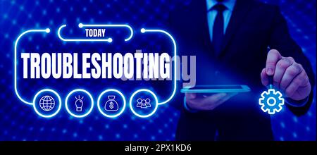 Handgeschriebenes Schild Fehlersuche, Geschäftsbeispiele Es ist eine Untersuchung oder Behandlung der Probleme aufgetreten Stockfoto