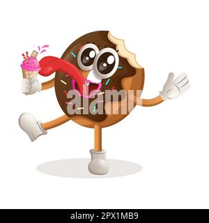 Süßes Donut-Maskottchen essen Eis, Eiskrem. Perfekt für Lebensmittelgeschäfte, kleine Unternehmen oder E-Commerce, Merchandise und Aufkleber, Werbebanner, Lebensmittel Stock Vektor