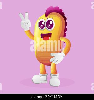 Süßes, gelbes Monster mit friedlicher Hand. Perfekt für Kinder, kleine Unternehmen oder E-Commerce, Merchandise und Aufkleber, Werbebanner, Blog oder Vlog-Kanal Stock Vektor