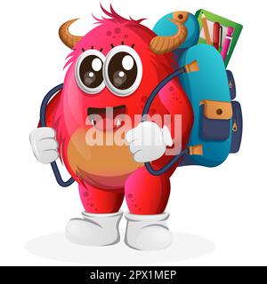 Süßes rotes Monster mit Schultasche, Rucksack, zurück zur Schule. Perfekt für Kinder, kleine Unternehmen oder E-Commerce, Merchandise und Aufkleber, Werbebanner Stock Vektor