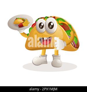 Süßes Taco-Maskottchen, das Desserts serviert, Kellner. Perfekt für Lebensmittelgeschäfte, kleine Unternehmen oder E-Commerce, Merchandise und Aufkleber, Werbebanner, Food Revi Stock Vektor