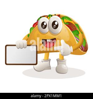 Süßes Taco-Maskottchen mit Werbetafeln zum Verkauf, Schild. Perfekt für Lebensmittelgeschäfte, kleine Unternehmen oder E-Commerce, Merchandise und Aufkleber, Werbebanner Stock Vektor