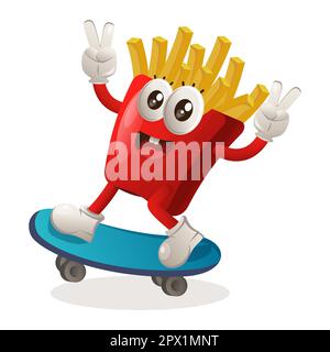 Süße pommes-Maskottchen, die Skateboard spielen, Skateboarden. Perfekt für Lebensmittelgeschäfte, kleine Unternehmen oder E-Commerce, Merchandise und Aufkleber, Bannerball Stock Vektor