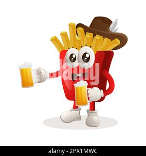 Süße pommes-maskottchen feiern das oktoberfest mit Bier in der Hand. Perfekt für Lebensmittelgeschäfte, kleine Unternehmen oder E-Commerce, Merchandise und Aufkleber, banne Stock Vektor