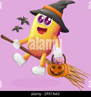 Süße gelbe Monsterhexe mit halloween-Kürbis und Süßigkeiten drauf. Perfekt für Kinder, kleine Unternehmen oder E-Commerce, Merchandise und Aufkleber, BA Stock Vektor