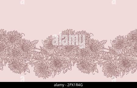 Chrysanthemen nahtlose Umrandung in Granatrot und nebligen Rosenfarben, kunstvolles, handgezeichnetes horizontales Motiv für Druck, Stoff, Geschenkpapier, Tapetendesign, Verpackung, Kosmetik, Kosmetikprodukte Stock Vektor