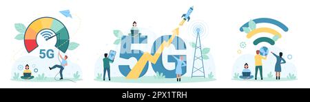 Vektordarstellung für 5G-Telekommunikationstechnologie. Cartoon winzige Menschen, die Tachometer für Signalgeschwindigkeitstests von Kommunikationsturm, globalem Telekommunikationssystem und mobilem Breitband-Internet verwenden Stock Vektor