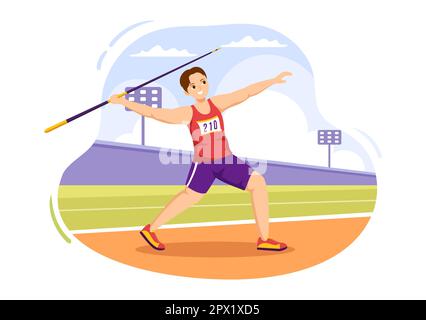 Speerwerfer, der die Illustration eines Athleten mit einem Werkzeug in Form einer langen Lanze wirft, um eine flache, handgezeichnete Schablone für Sportaktivitäten einzubringen Stockfoto