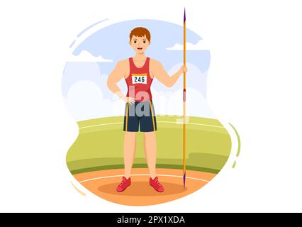 Speerwerfer, der die Illustration eines Athleten mit einem Werkzeug in Form einer langen Lanze wirft, um eine flache, handgezeichnete Schablone für Sportaktivitäten einzubringen Stockfoto