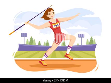 Speerwerfer, der die Illustration eines Athleten mit einem Werkzeug in Form einer langen Lanze wirft, um eine flache, handgezeichnete Schablone für Sportaktivitäten einzubringen Stockfoto