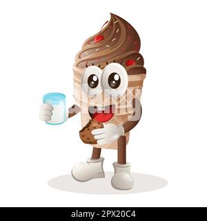 Süßes Eiscreme-Maskottchen, Milch trinken und Kekse essen. Perfekt für Lebensmittelgeschäfte, kleine Unternehmen oder E-Commerce, Merchandise und Aufkleber, Werbebanner, Lebensmittel Stock Vektor