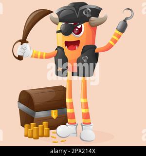 Süße orangefarbene Monster-Piraten-Figur. Perfekt für Kinder, kleine Unternehmen oder E-Commerce, Merchandise und Aufkleber, Werbebanner, Blog oder Vlog-Kanal Stock Vektor