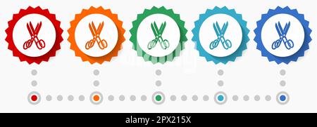 Friseur, Scheren-Vektor-Symbolset, farbenfrohe Infografik-Vorlage, Satz flacher Badge-Symbole in 5 Farboptionen Stock Vektor