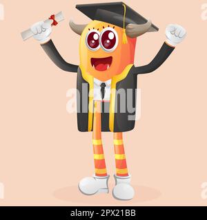 Das süße Orangenmonster hat gerade seinen Abschluss gemacht. Perfekt für Kinder, kleine Unternehmen oder E-Commerce, Merchandise und Aufkleber, Werbebanner, Blog oder Vlog-Kanal Stock Vektor