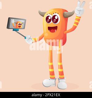 Das niedliche orangefarbene Monster macht ein Selfie mit dem Smartphone. Perfekt für Kinder, kleine Unternehmen oder E-Commerce, Merchandise und Aufkleber, Werbebanner Stock Vektor