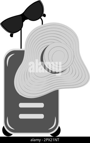 Reisekoffer auf Rädern mit Griff, Hut mit breiter Krempe und Sonnenbrille in Graustufen. Aufkleber. Symbol. Isolieren. Einen schönen internationalen Zolltag. Welttourismustag. Koffer-Tag. Vektor. EPS Stock Vektor