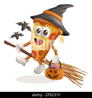 Süße Pizza-Maskottchen-Hexe mit halloween-Kürbis und Süßigkeiten drauf. Perfekt für Lebensmittelgeschäfte, kleine Unternehmen oder E-Commerce, Merchandise und Aufkleber Stock Vektor