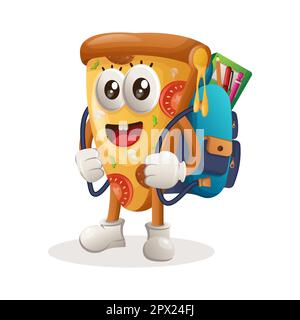 Süßes Pizza-Maskottchen mit Schultasche, Rucksack, zurück zur Schule. Perfekt für Lebensmittelgeschäfte, kleine Unternehmen oder E-Commerce, Merchandise und Aufkleber Stock Vektor