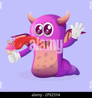 Süßes lila Monster isst Eis. Perfekt für Kinder, kleine Unternehmen oder E-Commerce, Merchandise und Aufkleber, Werbebanner, Blog oder Vlog-Kanal Stock Vektor