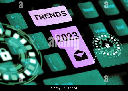 Textunterschrift präsentiert Trends 2023, Geschäftsansatz im kommenden Jahr vorherrschende Tendenz wird online ausführlich diskutiert Stockfoto