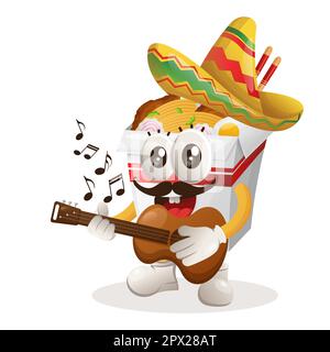 Süßes Ramen-Maskottchen mit mexikanischem Hut und Gitarre. Perfekt für Lebensmittelgeschäfte, kleine Unternehmen oder E-Commerce, Merchandise und Aufkleber, Werbebanner Stock Vektor