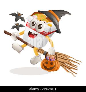 Süße Ramen-Maskottchen-Hexe mit halloween-Kürbis und Süßigkeiten drauf. Perfekt für Lebensmittelgeschäfte, kleine Unternehmen oder E-Commerce, Merchandise und Aufkleber Stock Vektor
