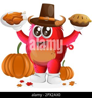 Süßes rotes Monster feiert Thanksgiving. Perfekt für Kinder, kleine Unternehmen oder E-Commerce, Merchandise und Aufkleber, Werbebanner, Blog oder Vlog-Kanal Stock Vektor