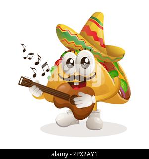 Süßer Taco mit mexikanischem Hut und Gitarre. Perfekt für Lebensmittelgeschäfte, kleine Unternehmen oder E-Commerce, Merchandise und Aufkleber, Werbebanner, FO Stock Vektor