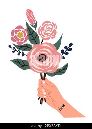 Weiblicher Hand haltender Strauß zarter Blumen. Stock Vektor