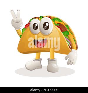 Süßes Taco-Maskottchen mit friedlicher Hand. Perfekt für Lebensmittelgeschäfte, kleine Unternehmen oder E-Commerce, Merchandise und Aufkleber, Bannerwerbung, Blog zur Lebensmittelbewertung oder Stock Vektor