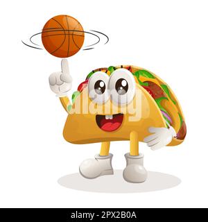 Süßes Taco-Maskottchen spielt Basketball, Freestyle mit Ball. Perfekt für Lebensmittelgeschäfte, kleine Unternehmen oder E-Commerce, Merchandise und Aufkleber, Werbebanner Stock Vektor