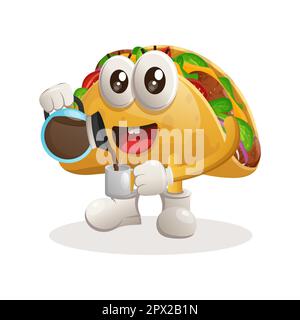 Süßes Taco-Maskottchen trinkt Kaffee, Kaffeezeit. Perfekt für Lebensmittelgeschäfte, kleine Unternehmen oder E-Commerce, Merchandise und Aufkleber, Werbebanner, Lebensmittel Stock Vektor