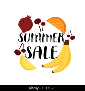 Werbebanner für Sommerangebote mit Obst. Illustration der Vorlage für den Verkauf von saftigen Früchten im Geschäft. Stock Vektor