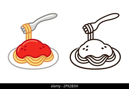 Spaghetti mit Tomatensauce, einfaches Zeichentricksymbol. Farbe und schwarz-weiße Strichgrafiken. Vektor-Clip-Art-Illustration. Stock Vektor