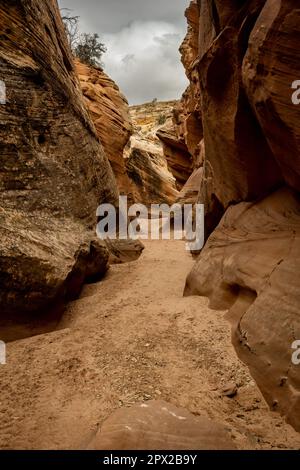 Die Canyon-Wände beginnen zu fallen, wenn der Slot Canyon endet und sich zu einer breiten Weite öffnet Stockfoto