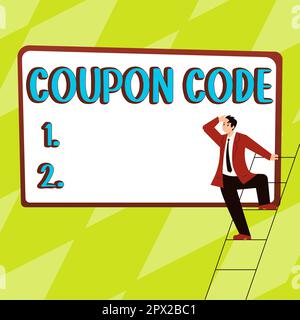 Schild mit Couponcode, Konzept für Ticket oder Dokument, das gegen einen finanziellen Rabatt eingelöst werden kann Stockfoto
