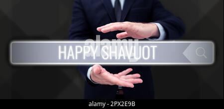 Text mit Inspiration Happy Shavuot, Geschäftsidee jüdischer Feiertag zum Gedenken an die Offenbarung der zehn Gebote Stockfoto