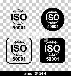 Satz mit ISO 50001-Symbol. Energiemanagement. Symbol für Standardqualität. Vektor-Button-Zeichen auf weißem Hintergrund isoliert. Stock Vektor