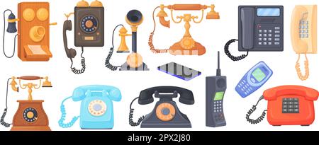 Cartoon Retro-Telefone. Verschiedene alte Telefone zum Telefonieren, antikes Wähltelefon mit Handapparat am Kabel, altes Büroradio, Handynummer, Vektordarstellung der verdrahteten, altmodischen Nostalgie Stock Vektor