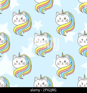 Süßes Einhorn-Muster mit Regenbogenkatze. Vektorhintergrund, geeignet für Textil-, Stoff- und Tapetendesign. Stock Vektor