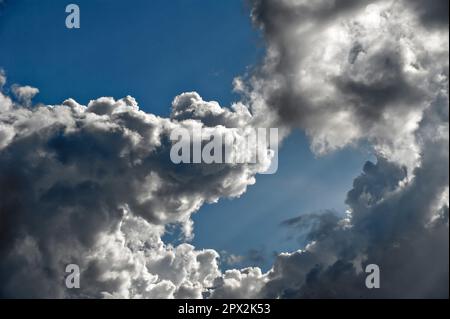 Aufsteigende, geraffte Cumuluswolken am blauen Himmel bei schönem Sommerwetter Stockfoto