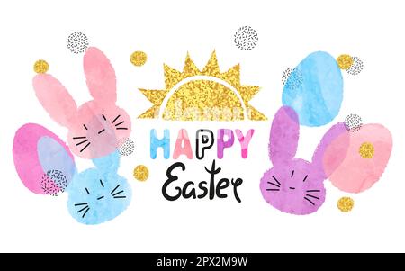 Fröhliche Ostervektorzeichnung mit Aquarellkaninchen und Eiern. Stock Vektor
