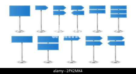 Vector 3D realistisch Blank Blue Road Warning Direction Symbol Set Nahaufnahme isoliert. Sammlung Leerer Warnschilder, Verkehrsvorlage Stock Vektor