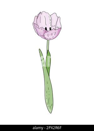 Handgezogene Vektorfeder-Pink-Tulpe mit Laub isoliert auf weißem Hintergrund. Tulpenblüten für den Muttertag im Hintergrund, Geschenkmuster für Karten Stock Vektor