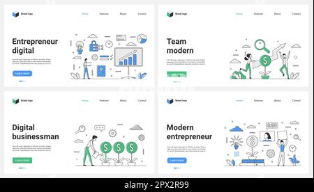 Modernes Unternehmerteam, digitale Geschäftsentwicklung, Vektordarstellung. Cartoon, winziger Geschäftsmann, der den Geldbaum mit Dollarmünzen gießt, um Gewinn und Ersparnisse zu steigern, den Währungswert zu erhöhen Stock Vektor