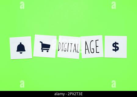 Textunterschrift zur Darstellung des digitalen Zeitalters, Wort zur Einführung des PCs mit nachfolgender Technologie Stockfoto