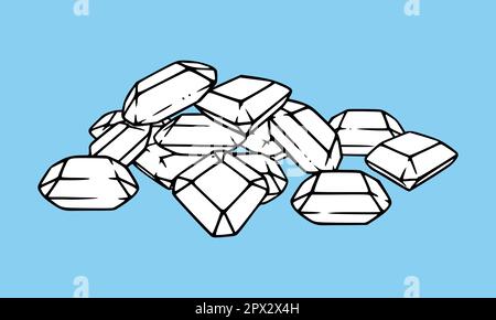 Edelsteinstapel. Kristallschatz mit Diamanten, Quarz, Smaragden und Strassstein. Vektordarstellung mit blauem Hintergrund isoliert Stock Vektor