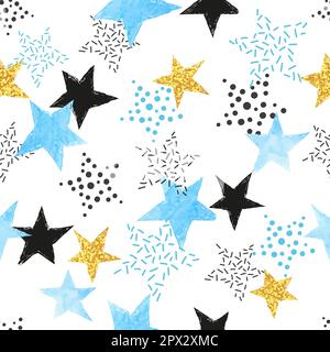 Nahtloses Sternenmuster. Vektor-Hintergrund mit Aquarell blau und glitzernden goldenen Sternen. Stock Vektor