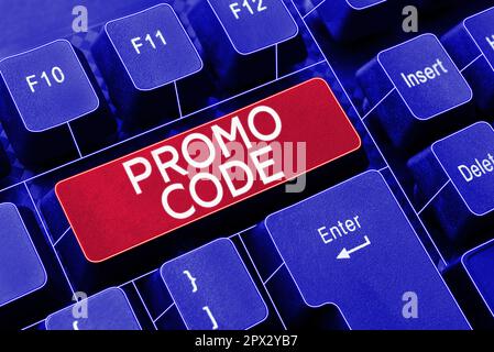 Handschriftlicher Text Promo Code, Word für digitale Nummern, die Ihnen einen guten Rabatt auf bestimmte Produkte bieten Stockfoto